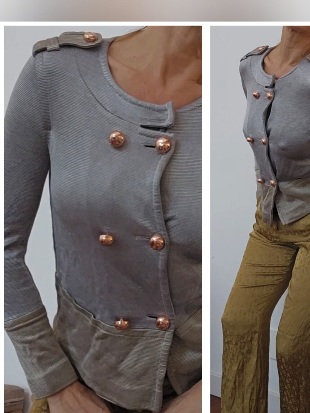 ESCADA Sport 90s Vintage Double Breasted Military Soft Gray Silver Jacket Top S